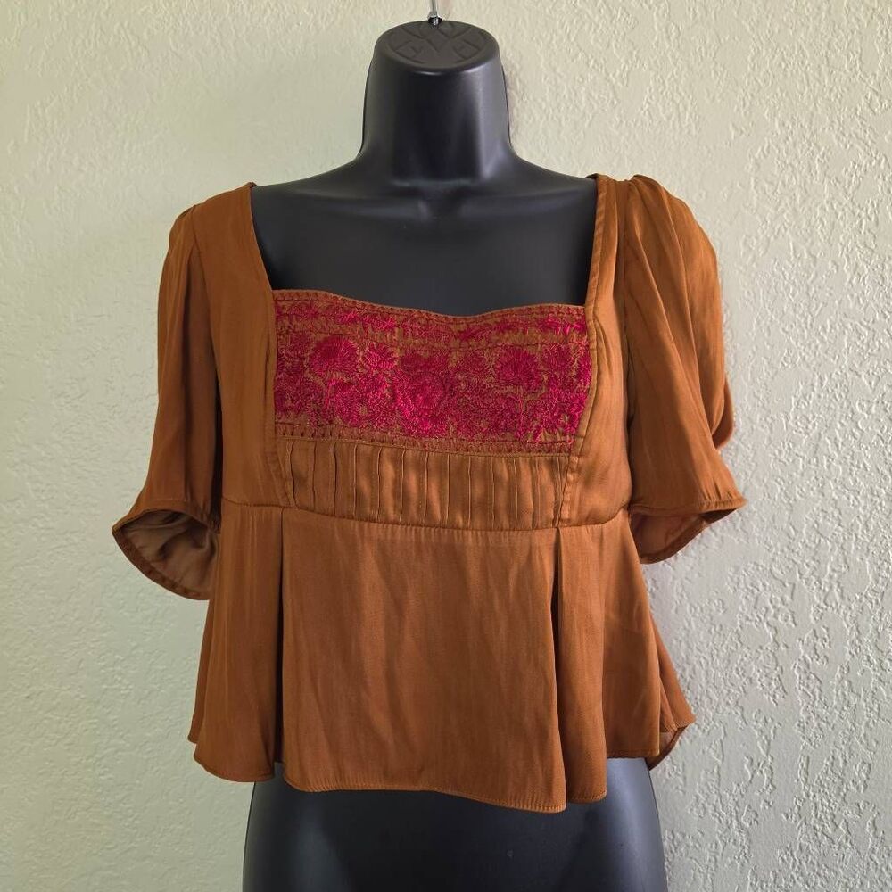 Free People Embroidered Puff Sleeve Blouse